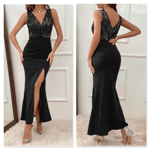 Rouge! Dresses & Skirts - Lace Detail V-Neck Long Black Sheath Dress High Leg Sit Sleeveless